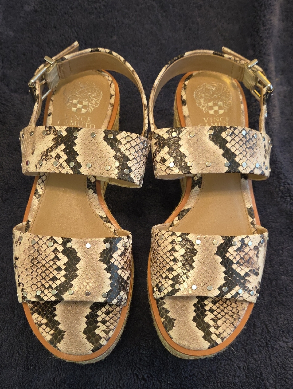 Vince Camuto Beige and Black Snake-Print Platform Sandals